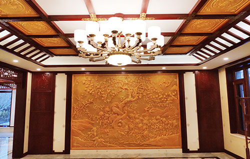 宜宾中式别墅客厅中式木作横梁吊顶装饰展示